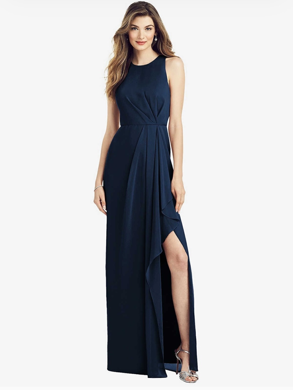 Dessy Group / After Six Lux Chiffon Dress with Draped Front Slit - Midnight Navy